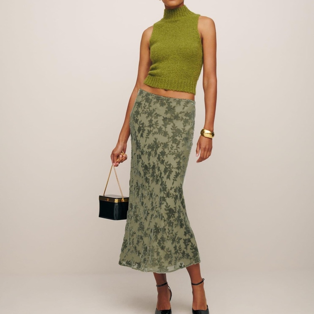 Reformation Layla Olive Green Floral Maxi Skirt Velvet burnout